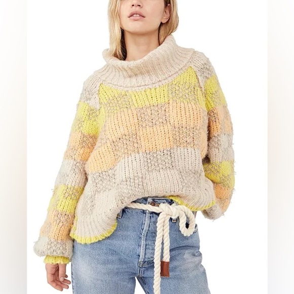 Free People Check Me Out Checkered Turtleneck Sweater Sz S - Picture 1 of 14